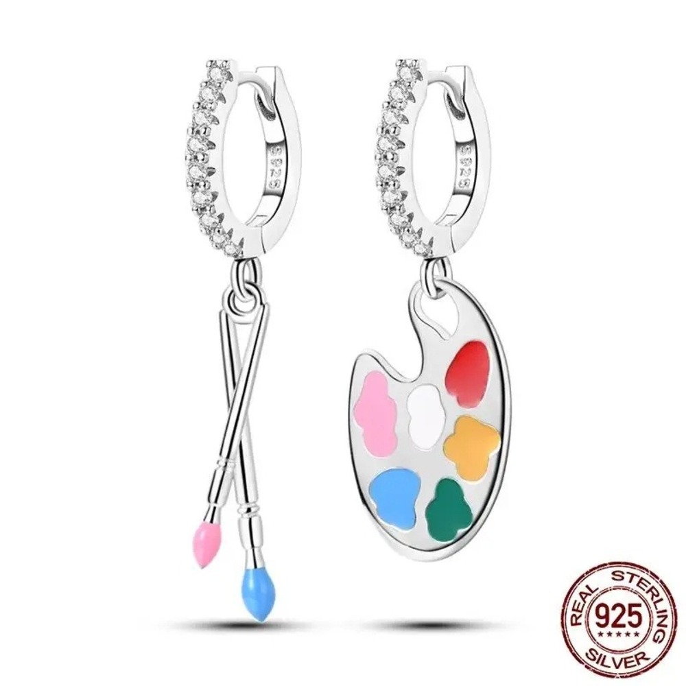 Artist Palette Paint Brush Dangle Earrings Sterling‎ Silver CZ Jewelry